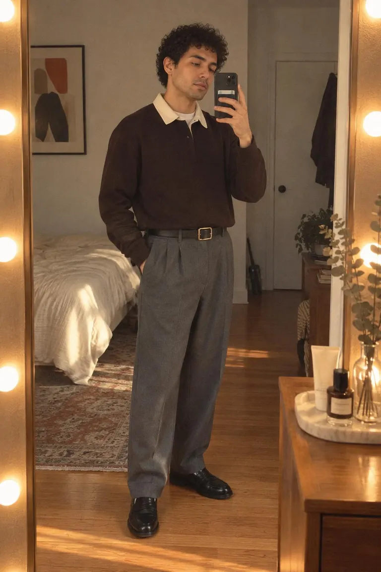 Brown rugby shirt with grey tailoring