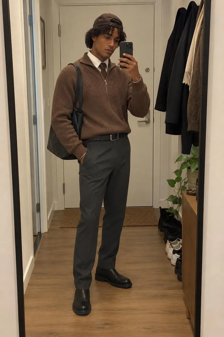 Brown quarter-zip with charcoal tailored trousers