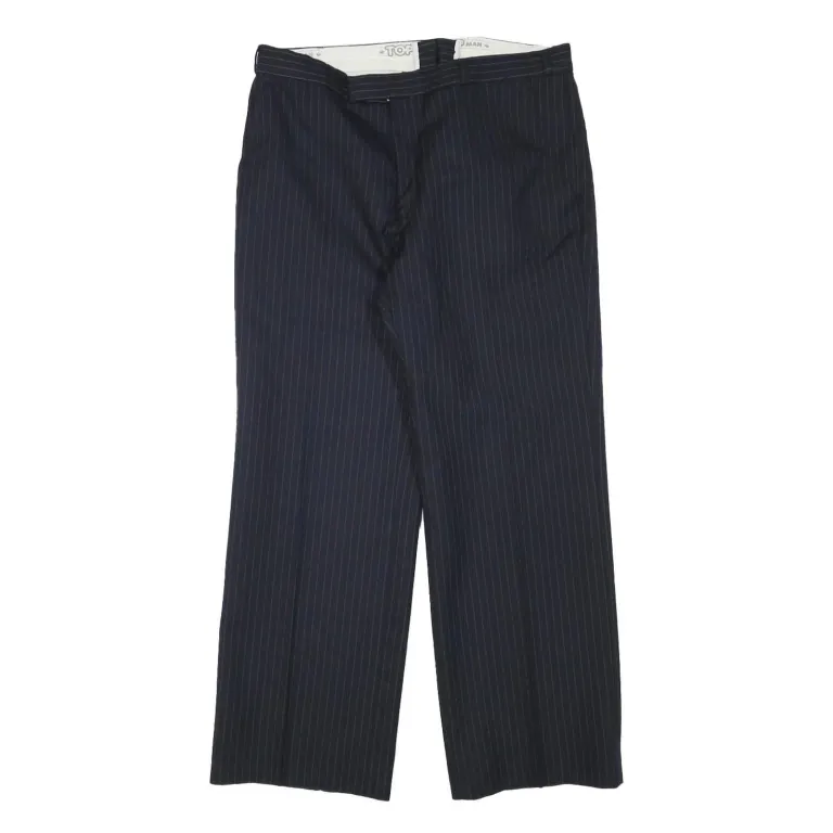 TOP MAN Mens Wool Blend Navy Regular Straight Trousers W31 L26 Pinstripe Zip