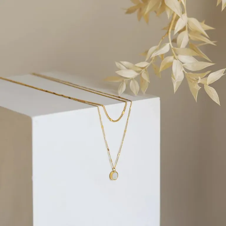 18K Gold Double Layer Necklace — Layered Round Pendant Necklace for Women