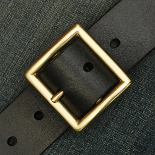 Handmade Mens Black Leather Square Buckle Brass Belts Minimalist Leather Brass Belt for Men