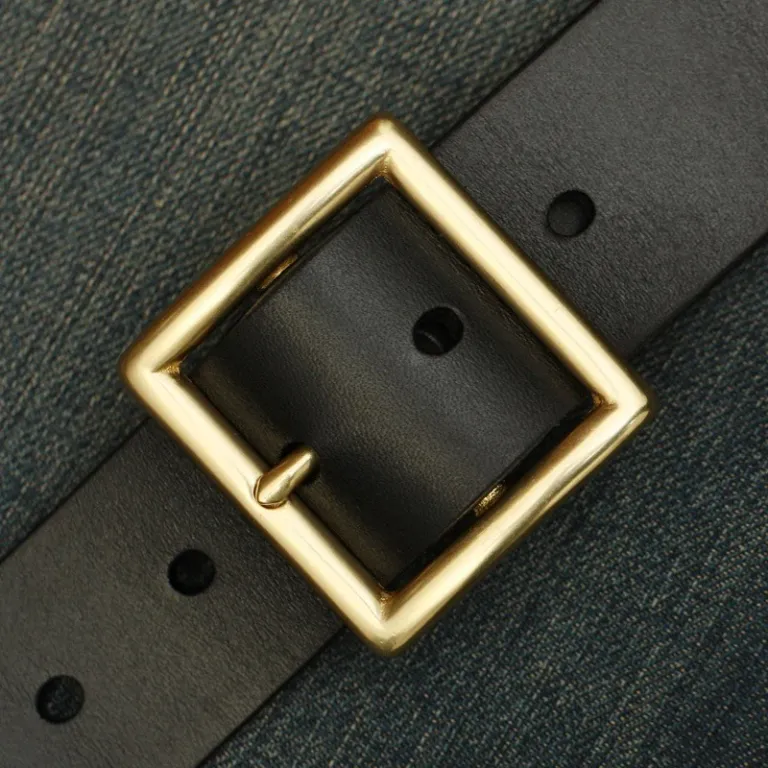 Handmade Mens Black Leather Square Buckle Brass Belts Minimalist Leather Brass Belt for Men