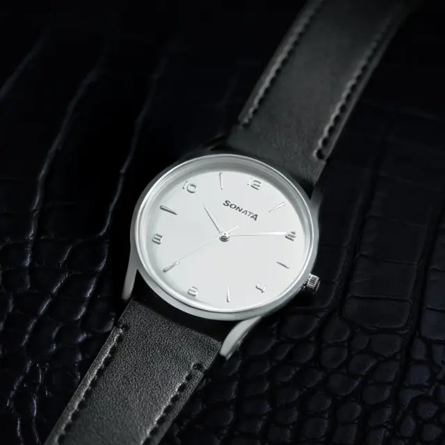 Sonata Quartz Analog Silver Dial Black Leather Strap Watch For Men