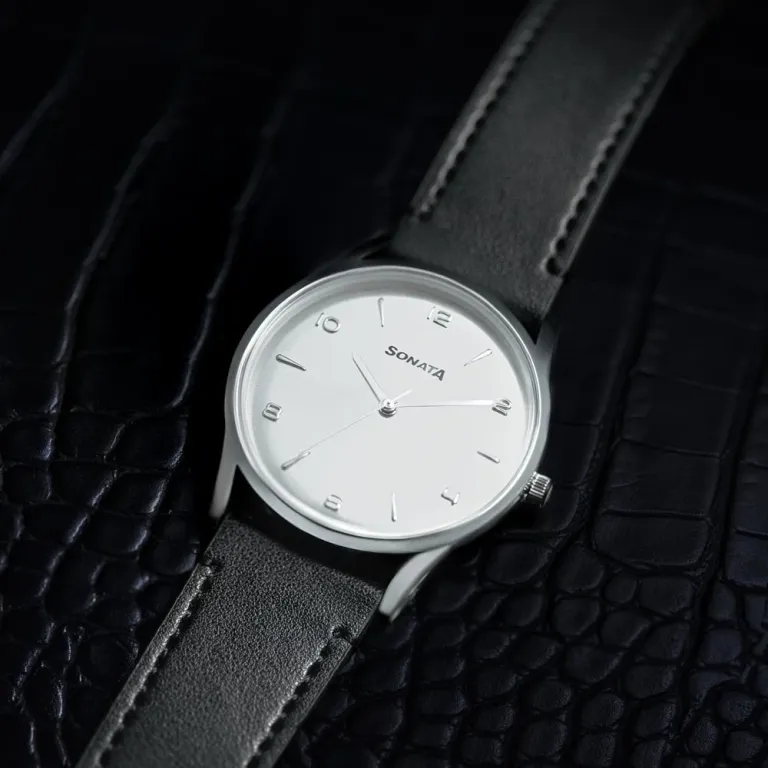 Sonata Quartz Analog Silver Dial Black Leather Strap Watch For Men