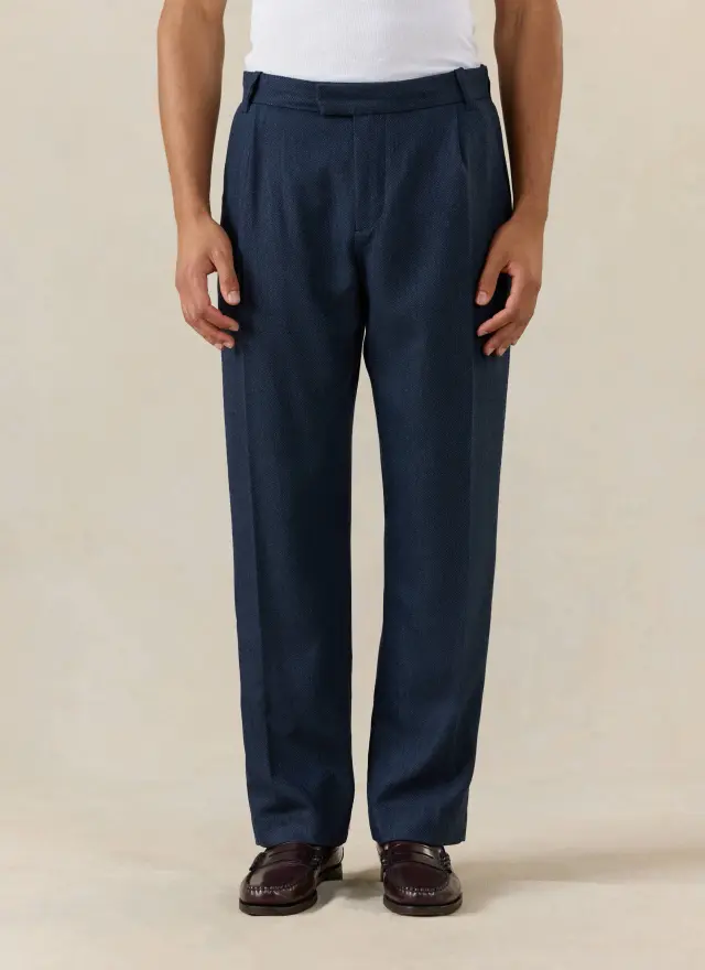 Stanley Pleated Tailored Trousers | Herringbone Wool | Navy