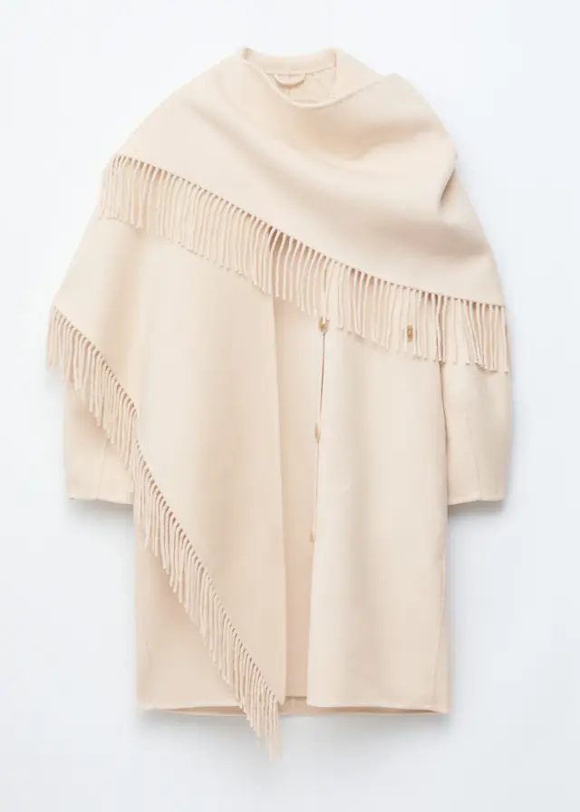 Fringed Shawl Wool Coat - Cream - Coats