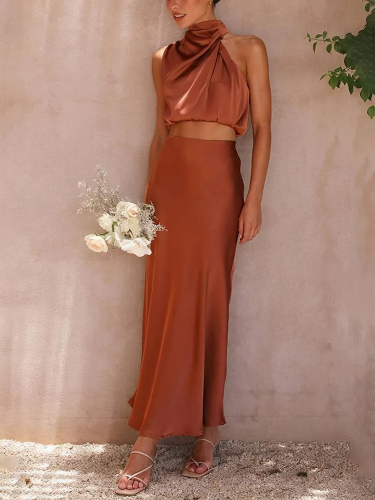 Drune | Kleid Gäste Hochzeit Damen Halter Ärmellos Damen Elegante Abend Zweiteilige Brautjungfernkleid